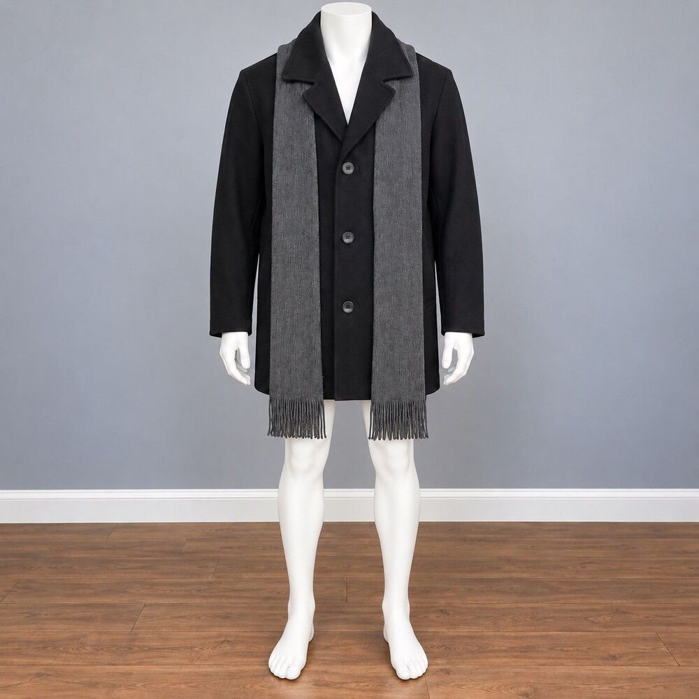 Calvin Klein Men’s XXL Black Wool Blend Overcoat Quilted Lined w/Scarf Coat